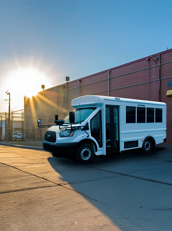 White shuttle bus parked next to a prison near Dallas Fort Worth